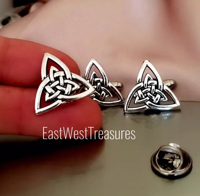 Irish Claddagh Trinity Triquetra Celtic Knot cufflinks and tie pin brooch set 2