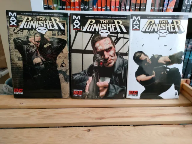 The Punisher Max Marvel comics ultraviolent run, Vol. 1, 2, and 3. Hardbacks