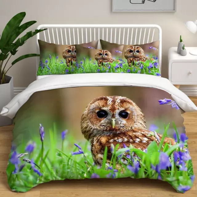 Owls Grass Flowers Animal Quilt Duvet Cover Set Bedroom Decor Bedding Kids