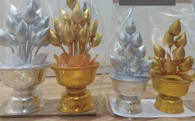 Pair Gold Silver Lotus Pan Flower Offering Buddha Bowl Plate Decor Altar Worship