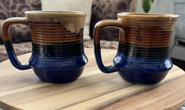 Vintage Pottery Dipped Glazed Coffee Tea Cup Mug Taiwan Blue Green Brown