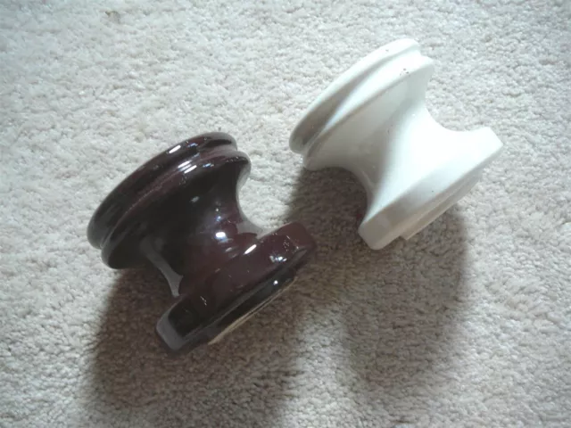 Two Vintage Porcelain Ceramic Spool Shaped 3" Insulators One Brown & One White