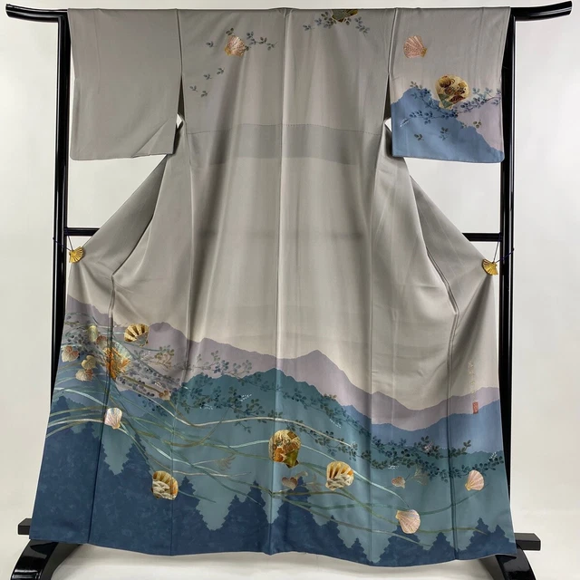 Japanese Kimono Silk Houmongi Vintage Gold Shell Treasure Flowers Grass Gray 64"
