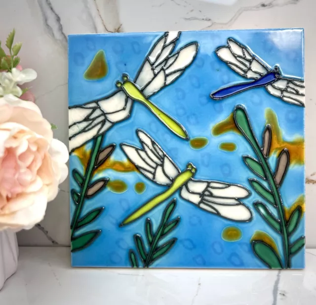 Dragonflies Hand Painted Ceramic Art Tile 6 x 6 inches Vintage Dragonfly Trivet
