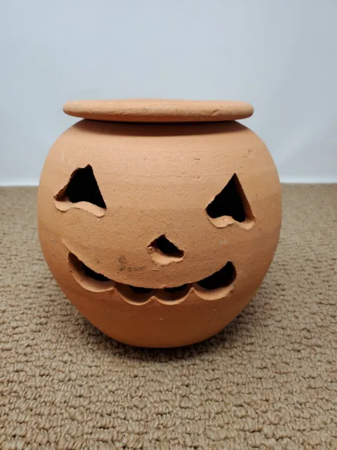 Halloween Vtg 7.5" Hewell Pottery Terra Cotta Pumpkin w/ Hat