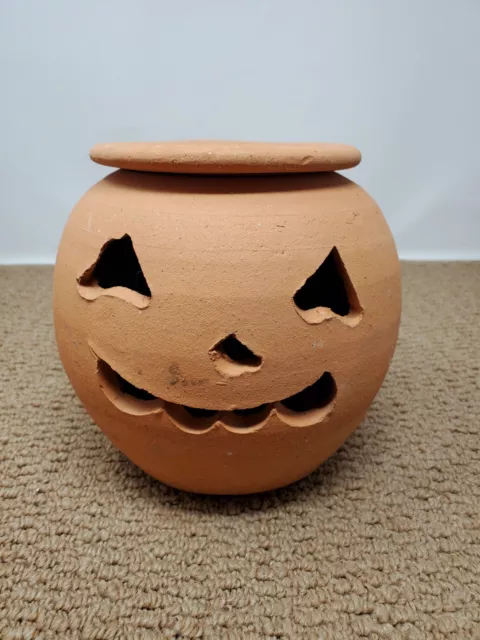 Halloween Vtg 7.5" Hewell Pottery Terra Cotta Pumpkin w/ Hat Halloween Vtg 7.5" Hewell Pottery Terra Cotta Pumpkin w/ Hat