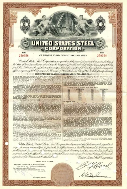 United States Steel Corporation - 1958 dated $1,000 4% Sinking Fund Bond - Gener