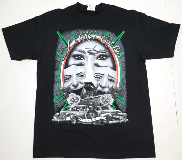COMEDY & TRAGEDY T-shirt Smile Now Cry Later Lowrider Chicano Tee Men's New