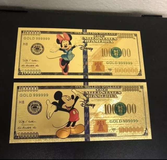 24k Gold Foil Plated Minnie Mouse & Mickey Mouse Banknote set Disney Collectible