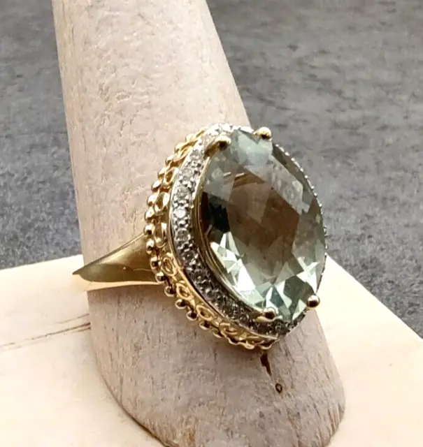 14K Yellow Gold Faceted Marquise Green Amethyst Prasiolite & Diamond Ring 9.75