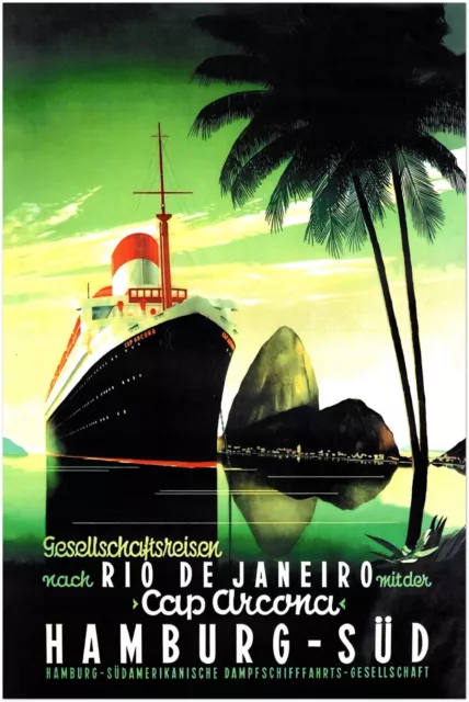 German Cruise Ship - Rio De Janeiro - Vintage Travel Poster, Retro Posters