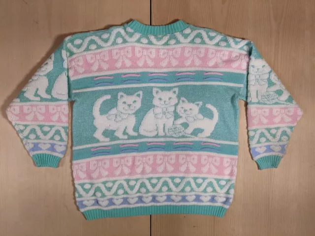 Vtg 80s Rose Pastel Kitty Cat Sparkle Knit Pullover Sweater Grandmacore 3