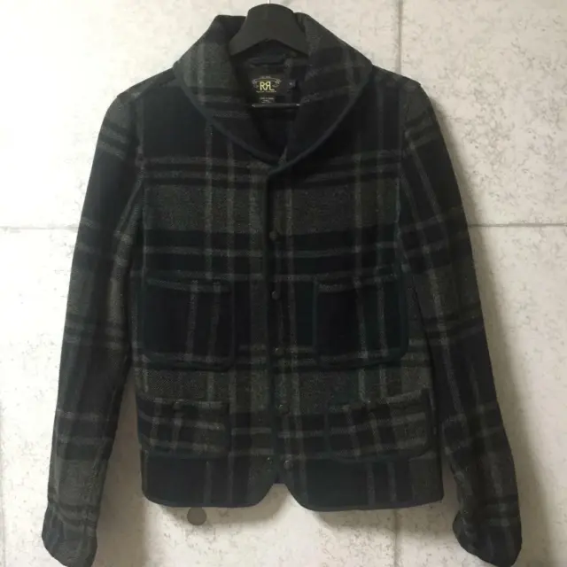 Giacca di lana a quadri RRL scialle colletto scialle uomo XS nero grigio sottile dal Giappone