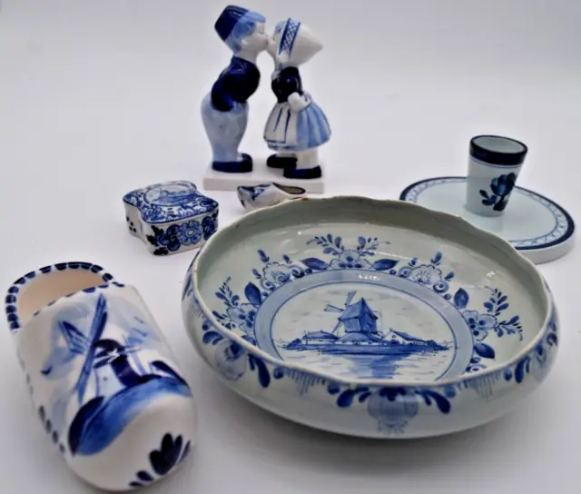 Six VTG Delft Holland Blue & White Ceramic Lot Dutch Shoes Plate Curio & Holder