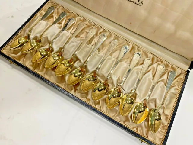 12 German 800 Silver Demitasse Spoons Gold Bowls Original Case