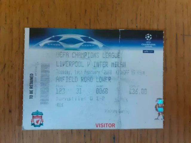 Biglietto Champions League Ottavi di Finale 2008: Liverpool-Inter 2-0 19/02/2008
