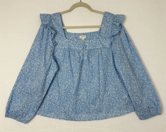 J. Crew Factory Womens Size L Blouse Sequare Neck Ruffle Floral Blue White NWT