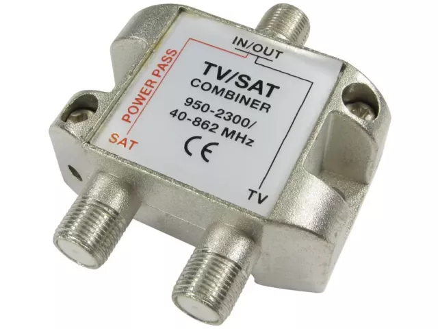 2 Way TV Satellite Combiner Splitter - DC Power Pass Through Metal Casting 1 x