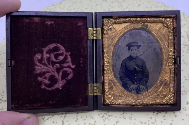 Antique Tin Type Photo "Union Now and Forever" Young Man Civil War Jacket?