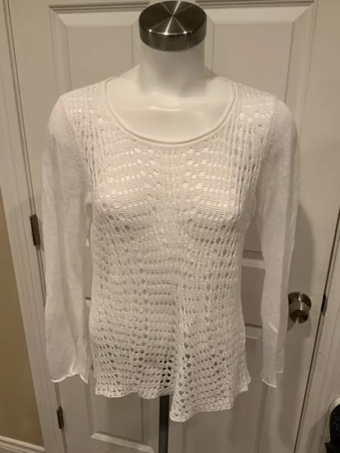 Eileen Fisher Thin Open Knit White Organic Linen Long Sleeve Sweater, Size Small