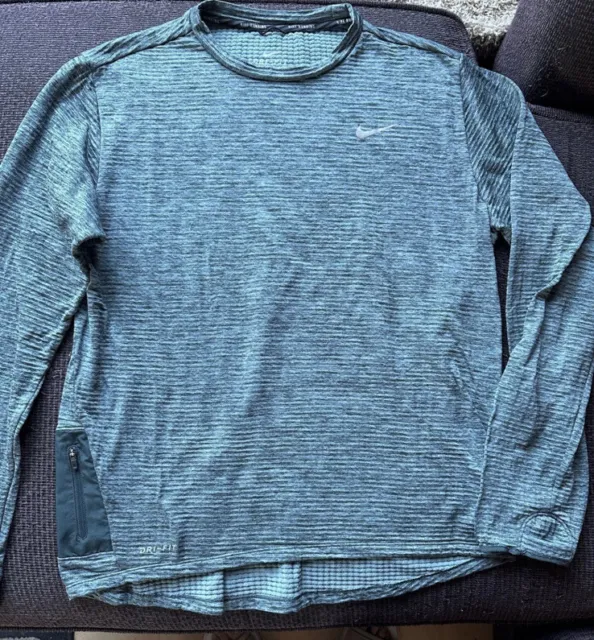 Nike Running Mens Size L Long Sleeve Thermal Waffle Shirt Teal Blue Zipper Thumb
