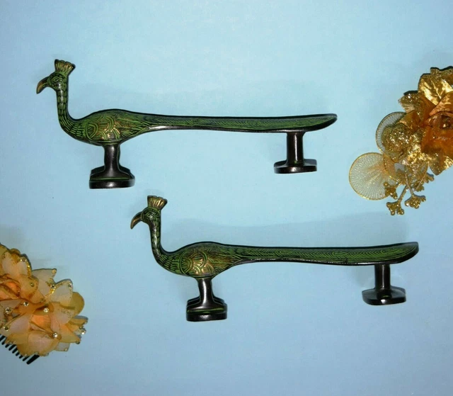 Carved Brass Peacock Door Handles Pair Long Tail Casted Peafowl Door Pull HK141