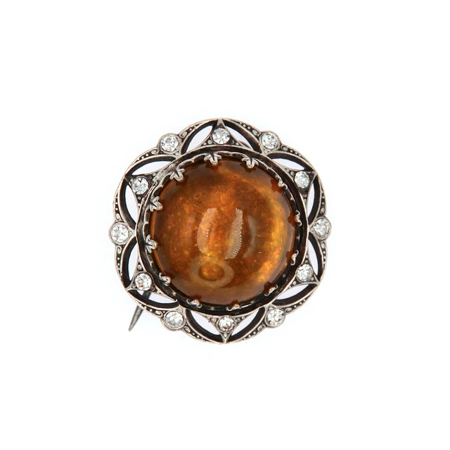 Broche vintage Art déco tchèque en laiton : cabochons de pierres précieuses oranges - France