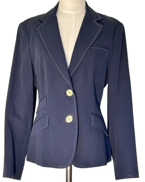 Talbots Sz 12 Suit Blazer Jacket Blue 2 Button Topstitched Cotton Linen Blend