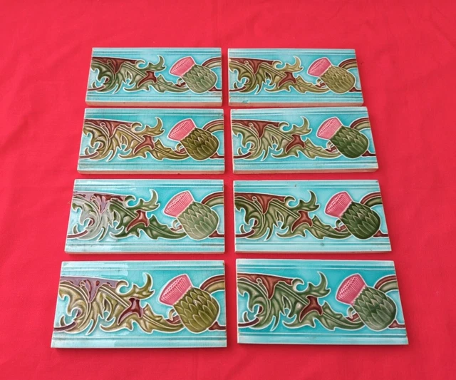 8 Piece Old Art Flower Design Majolica Ceramic Tiles Japan 0102 6