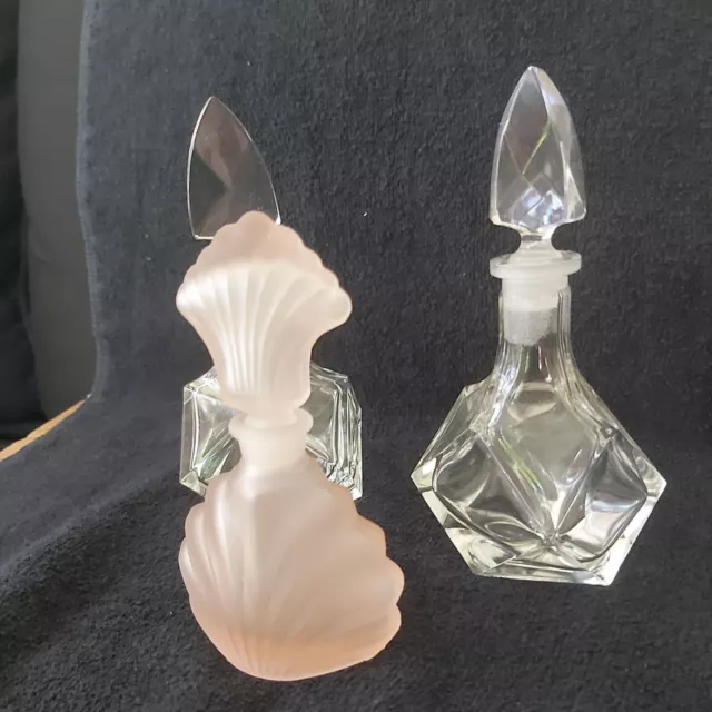 Vintage Glass Perfume Bottles Crystal Stoppers Lot of 3 - 2 Clear & 1 Satin Pink 2