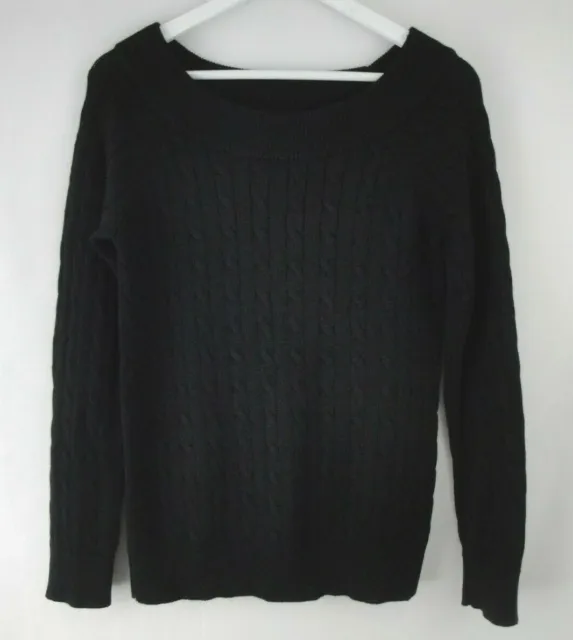 Ralph Lauren Black Cable Knit Sweater MEDIUM Womens Scoop Neck Top Long Sleeve