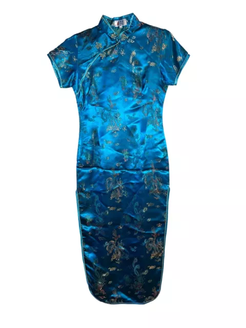 Vintage LAOGUDAI CHEONGSAM Dress Blue Satin Dragons Phoenix Womens Size M China