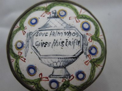 Antique Enamel On Copper Trinket Box "Love Frim Vhos Gives This Trifle" 2