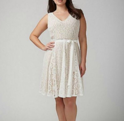 Lane Bryant Belted Lace Fit Flare Dress 14 16 20 24 26 28 White/Nude 1x 2x 3x 4x