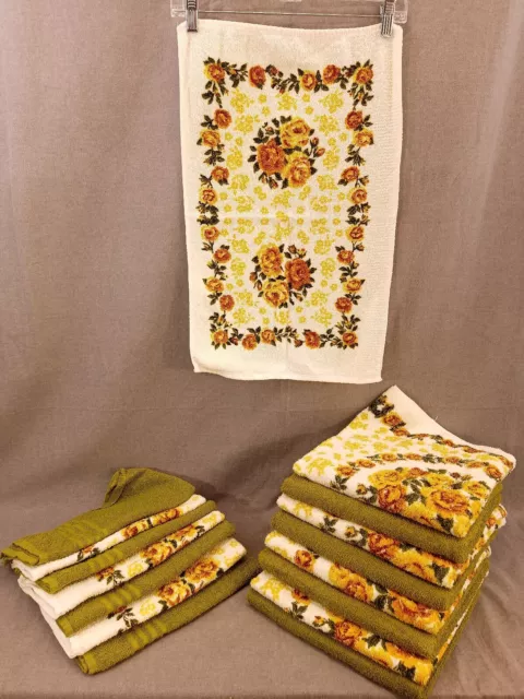 Vintage Cannon towels 16 piece Hand bath 1960s Avocado Green harvest gold roses