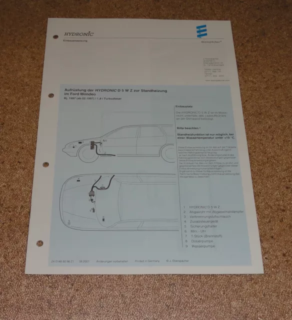 Instructions D'Installation Eberspächer Armement Chauffage D 5 W Z pour Ford