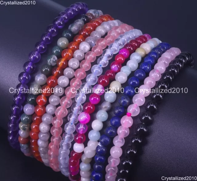 Handmade 4mm Natural Gemstone Round Beads Stretchy Bracelet Healing Reiki 7.5"