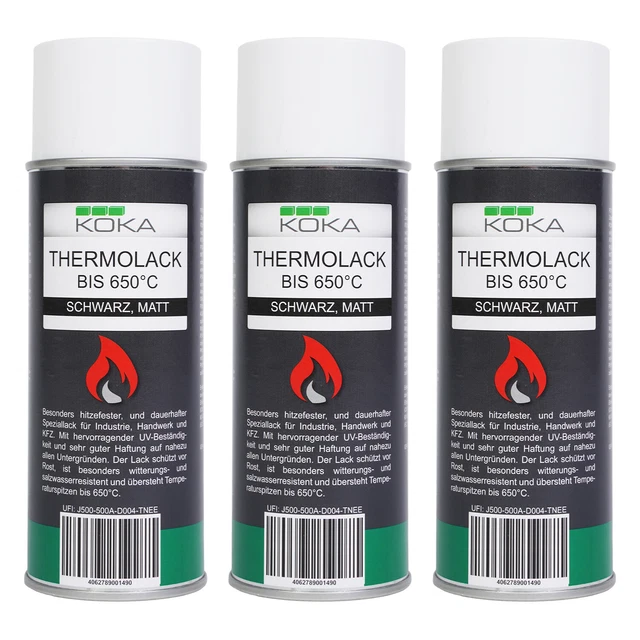 3x KOKA Thermolack Nero fino A 650°C Resistente Al Calore Protezione UV Auto