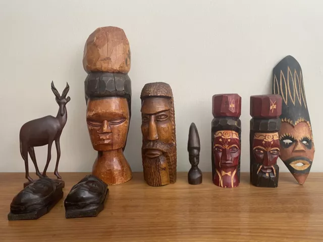 Large Handcarved African Statues, Mask, Antelope / Impala, African Art Lot Of 9