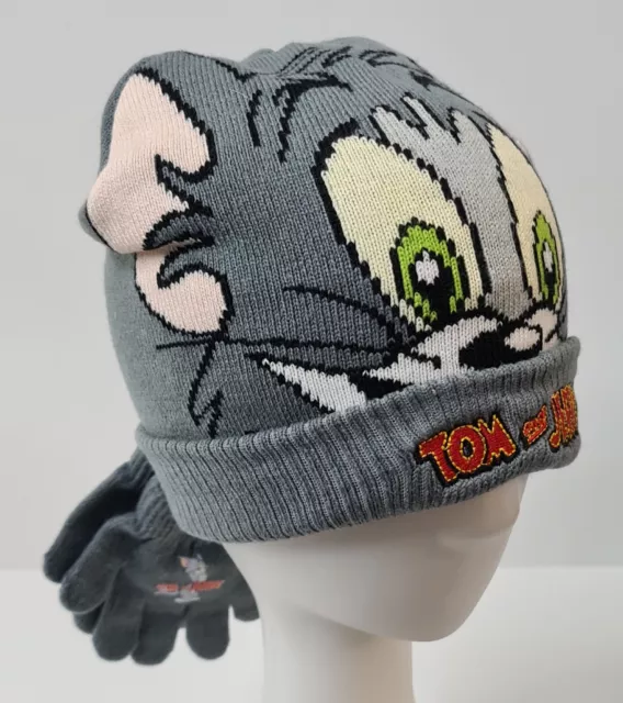 Tom & Jerry Beanie & Gloves Set Boys Kids Embroidered Pre-Owned Grey