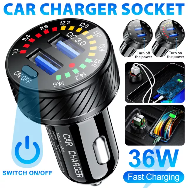 12V QC3.0 Dual USB Car Charger Fast Charging Socket Power Outlet LED Voltmeter
