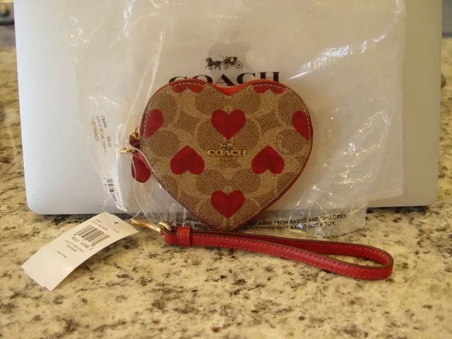 NWT COACH HEART Coin Case Signature Canvas With Heart Print Brass/Tan Red  Apple $69.95 - PicClick