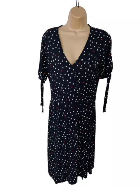 Damen Next Uk 10T Marineblau Polka Punkt Kurzärmelig Wrap Stil Midi Passform Flare Kleid