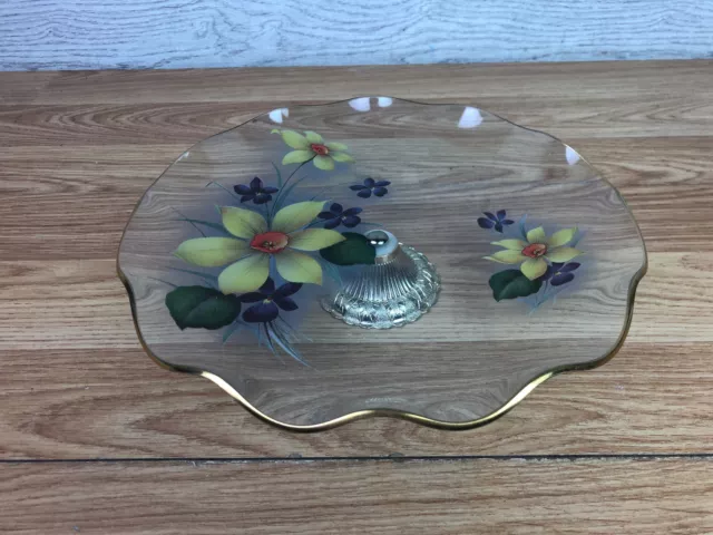 Chance Glass Plate With Wavy Edges Daffodil Design And Metal Pedestal Foot