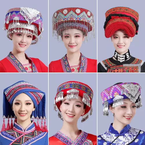 Hmong Miao Dance Hat Traditional Hats with Tassel Accessories Headwear Vintage