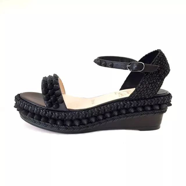 Auth CHRISTIAN LOUBOUTIN - Black Leather Straw Plastic Women's Sandals