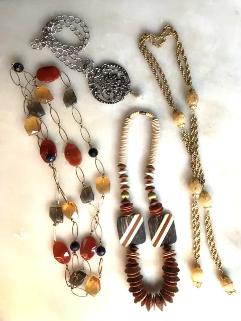 BIG LOT 4 VINTAGE STATEMENT NECKLACES 1970s-1980s-1990s WOOD/METAL/GLASS