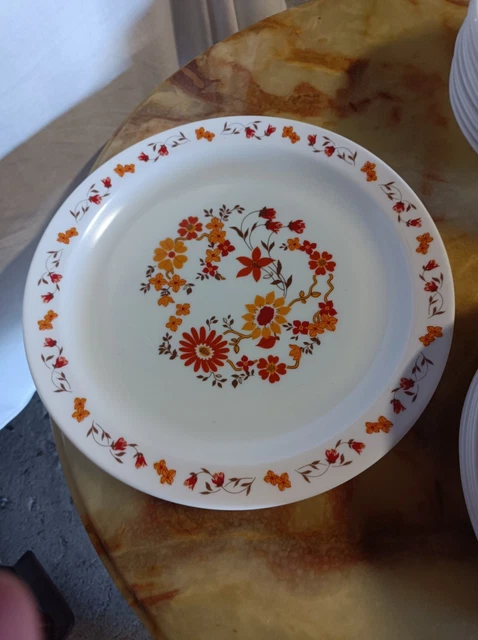 plat plat vintage arcopal fleurs lotus blanc orange rouge