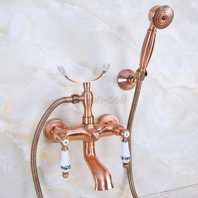 Antique Red Copper Wall Mount Bathroom Clawfoot Bath Tub Faucet w/ Hand Shower