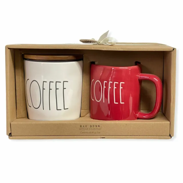 Rae Dunn 2 Piece Set COFFEE Canister & Red COFFEE Ceramic LL Tea Mug